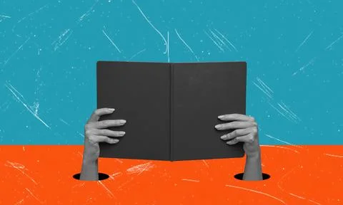 The human desire for knowledge. Hands holding open book. Modern art collage. Foto stock
