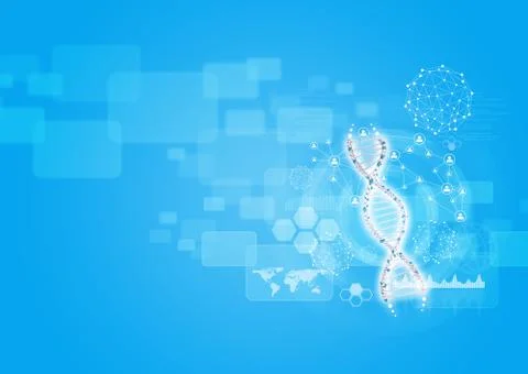 Human DNA. Background with world map, information board and wire-frame Stock Illustration