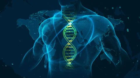 Human DNA Structure Visualization with Futuristic World Map Background Ilustración de archivo