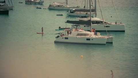 Human does Stand-Up-Padelling near sailboats Vídeos de archivo 229194231