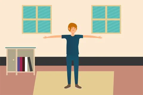 Human doing standing yoga on a carpet vector. Home yoga training concept with Stock Illustration