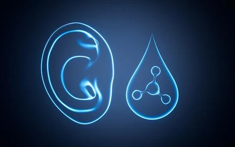 Human ear and ear drops, molecular structure , 3d rendering. Stock Illustration