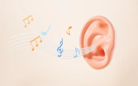 Human ear and notes, listen to music, 3d rendering. Stock Illustration