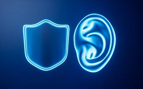 Human ear and shield, ear protection, 3d rendering. Stock Illustration