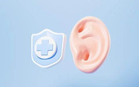 Human ear and shield, ear protection, 3d rendering. Stock Illustration