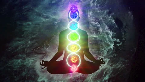 Human energy body, aura, chakra in meditation Stock Footage