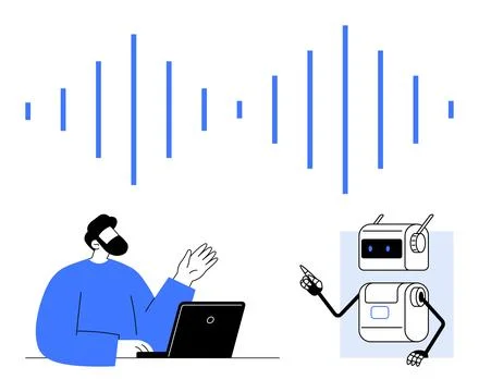 Human Engaging in Communication with a Robot Using Voice Command Technology 스톡 일러스트