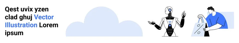 Human Engineer Collaborating with Robot Under Cloud-Shaped Background with Te Stock Illustration