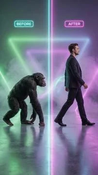 Human evolution before after neon future concept glowing light corridor 스톡 일러스트