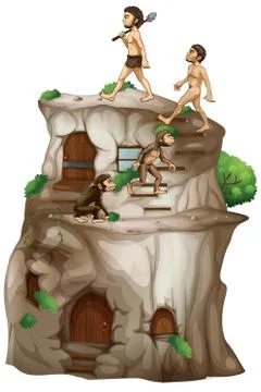 Human evolution alking up to stone house 스톡 일러스트