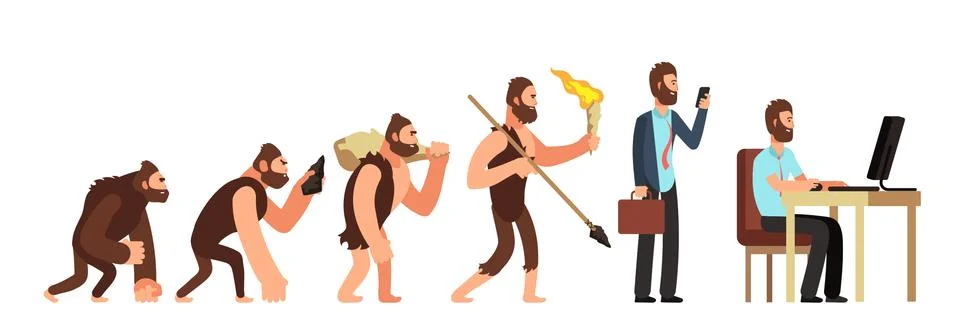 Human evolution. From monkey to businessman and computer user. Cartoon vector Stock Illustration