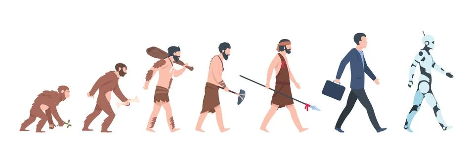 Human evolution. Monkey to businessman and cyborg cartoon concept, from ancient 스톡 일러스트