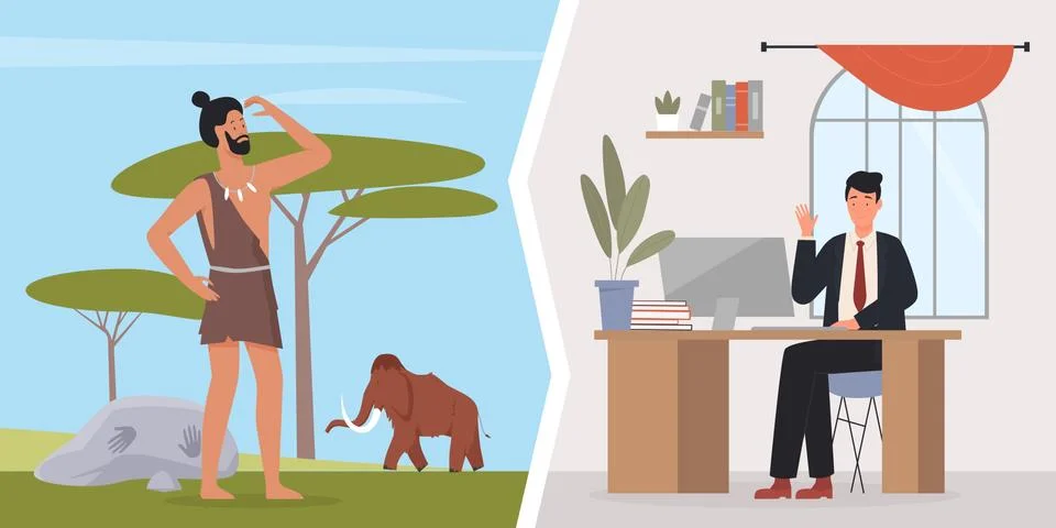 Human evolution, primitive caveman and businessman, office worker and Illustrazione stock