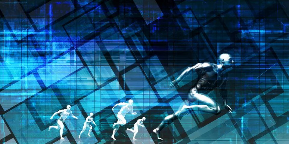 Human Evolution Racing Through Digital Technology Stock Illustration