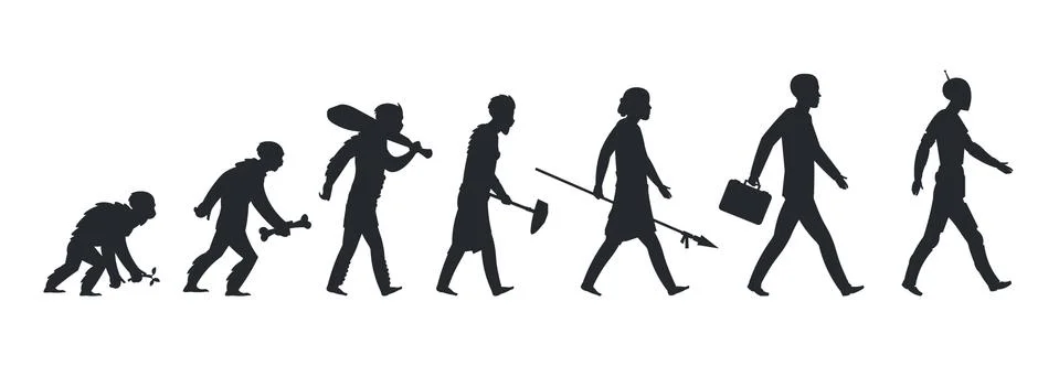 Human evolution silhouette. Monkey ape and caveman to businessman growing Stock Illustration