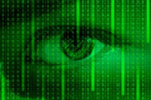 Human eye and matrix background with binary code - futuristic illustration Stock Illustration