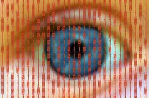Human eye behind a digital screen with red binary numbers Stock Illustration
