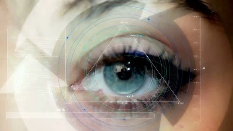 Human eye being scanned by a scanner interface, extreme macro shot, gray eye Video stock 77462322
