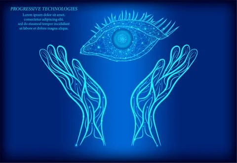 Human eye between two human hands 3D render low poly. Polygonal blue future m Stock Illustration