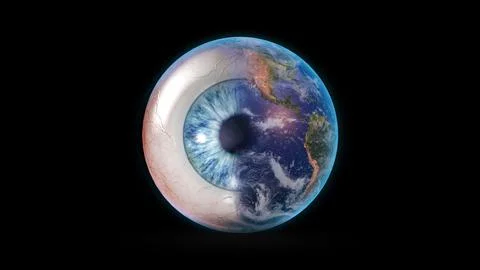 Human Eye Blended With Rotating Planet Earth on black background Illustrazione stock