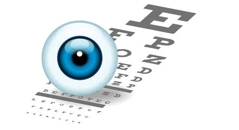Human eye with blue iris on background of ophthalmology text table. White b.. Stock Illustration