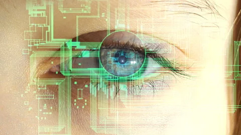 The human eye with the electronic circuits and symbols projecting in it, the Stock Footage 85492187