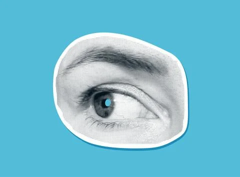 Human eye with eyebrow vector illustration. Woman halftone eye looks to the side Illustrazione stock