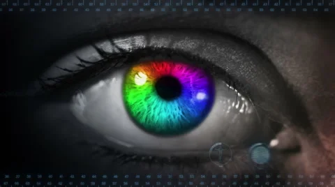 Human eye with futiristic inteface.Multicolored. Gray skin. Loopable. Video stock 59583463