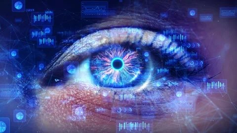 Human eye futuristic digital elements cyberpunk featuring face glowing blue data Stock Footage 333972127