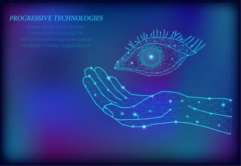 Human eye on human hand 3D render low poly. Polygonal blue future medicine te Illustrazione stock