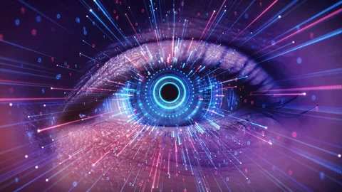 Human eye integrating floating holographic UI icons, charts and line graphs in Stock Footage 333969207