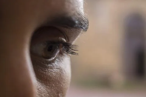 Human eye observing, vision, contemplation, brown iris, close up Stock Photos
