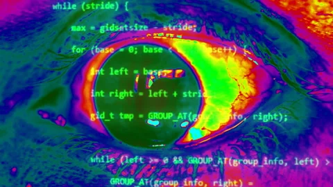 Human eye open trying to encryption compex program code. Ccrazy about computing Stock Footage 194974525