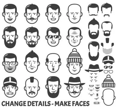	Human face creator. Different versions of the male faces for avatars Illustrazione stock