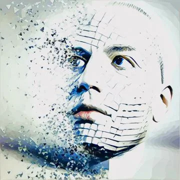 A human face dissolves. Concept illustration. Artificial intelligence is incr Stock Illustration