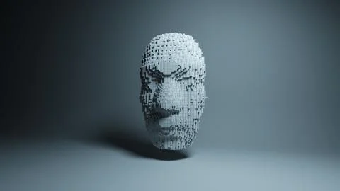 Human face emergence, building head from cubes, artificial intelligence conce Ilustración de archivo