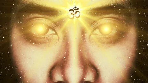 Human Face with Flashing Eyes effect and Ohm symbol on Forehead Video stock 204769969