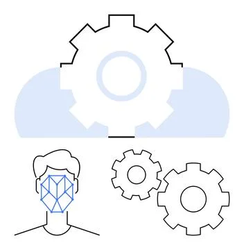 Human face with geometric lines overlay, connecting with cloud computing and Stock Illustration