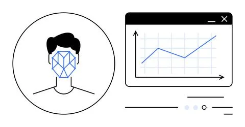 Human face with geometric pattern next to a graph display in a web window wit Illustrazione stock