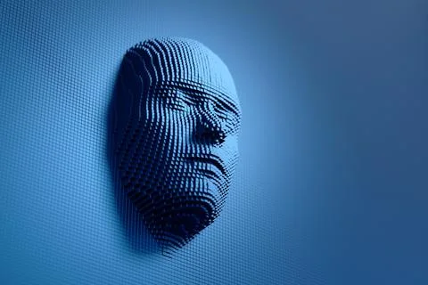 Human face made up of blue cubes. Artificial intelligence concept. 3d illustr 스톡 일러스트