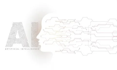 Human face made by digital circuit with AI text generated digital structure.. Stock Illustration