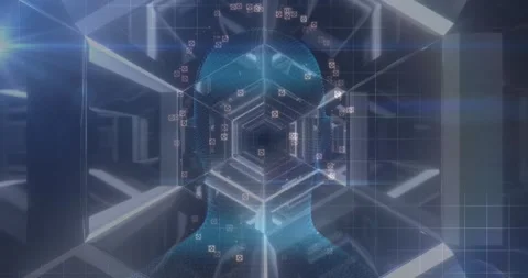 Human face model spinning against hexagonal tunnel in seamless pattern against Stock Footage 330731812