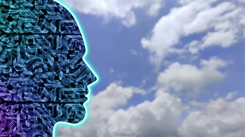 Human face in moving circuit lines animation Stock Footage 253556444
