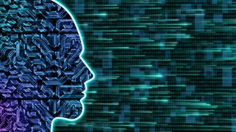 Human face with processor line showing artificial intelligence Illustrazione stock