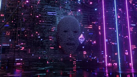 The human face in the server room emerges from pixels and eats the Ethereum coin Stock-Footage 153993196