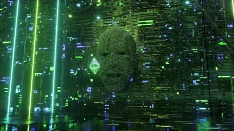 The human face in the server room emerges from pixels and eats the Ethereum coin Stock-Footage 153993204