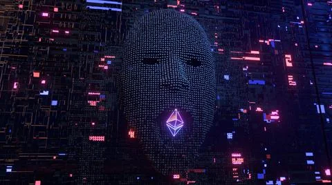 The human face in the server room emerges from pixels and eats the Ethereum c Illustrazione stock