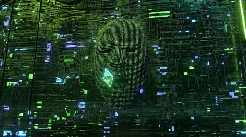 The human face in the server room emerges from pixels and eats the Ethereum c Illustrazione stock