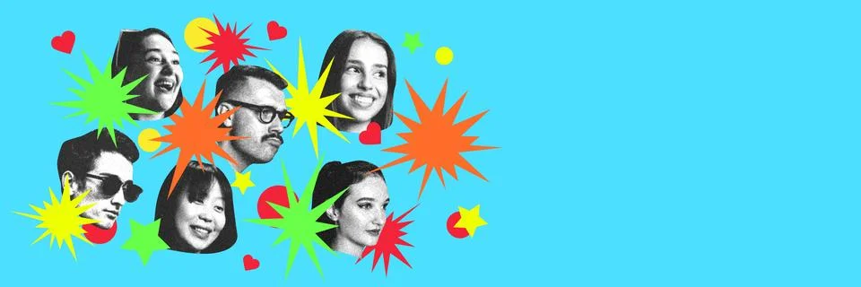 Human faces with different emotions, interacting through vibrant visual elements Stock Photos