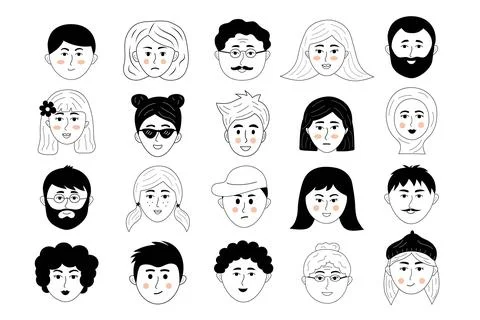 Human faces doodle set. People avatars of different sex, nationality, age Stock Illustration